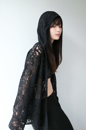 Mesh × race foodie cardigan メッシュ × レースフーディーカーディガン Black