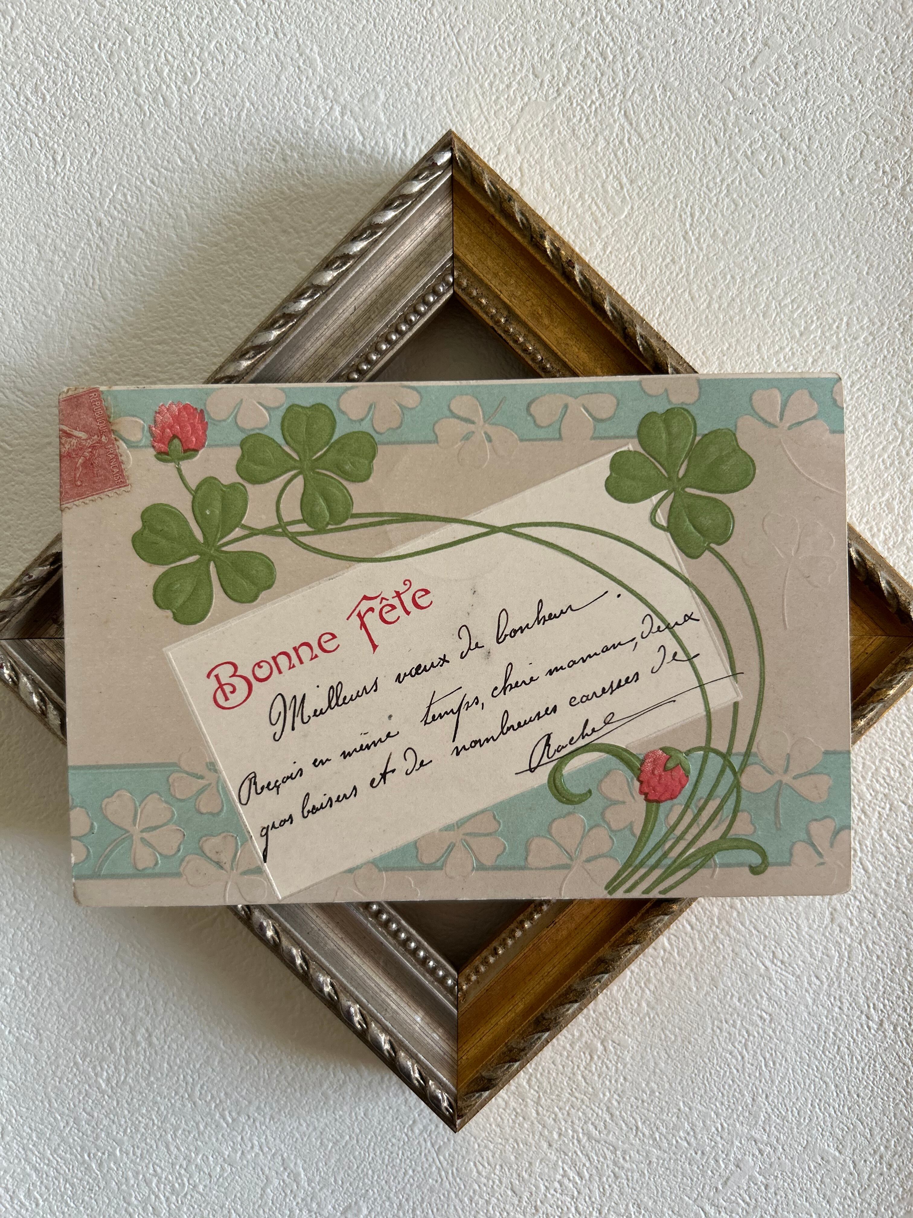 アンティークポストカード Bonne fete 四葉 クローバー フランス エンボス 額装 インテリア 撮影小物 BE
