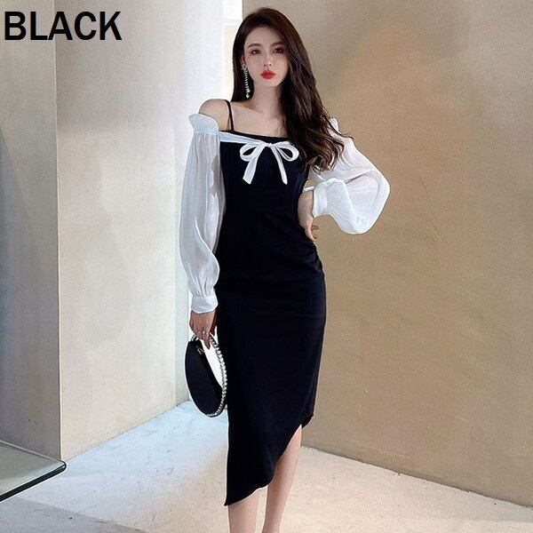 新作 21年 秋冬新作 2色 ワンピースドレス 長袖ワンピース 異素材ワンピース レイヤード風 袖シースルー 透け感 膝下ワンピース 膝丈 アシンメトリーレディース アシメ スリット入りワンピース バックスリットワンピース タイト ワンピース ハイウェスト リボン P7949