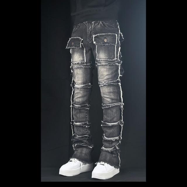 flare multi pocket stcked black denim【ES054】