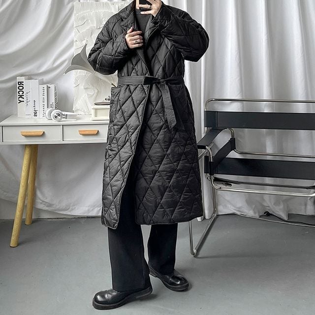 【予約販売】ダウンコート キルティング ウエストマーク 無地 オーバーサイズ ブラック ロング丈 コート 防寒 お洒落 こなれ感 ベーシック 秋冬 大きいサイズ M/L/XL/2XL