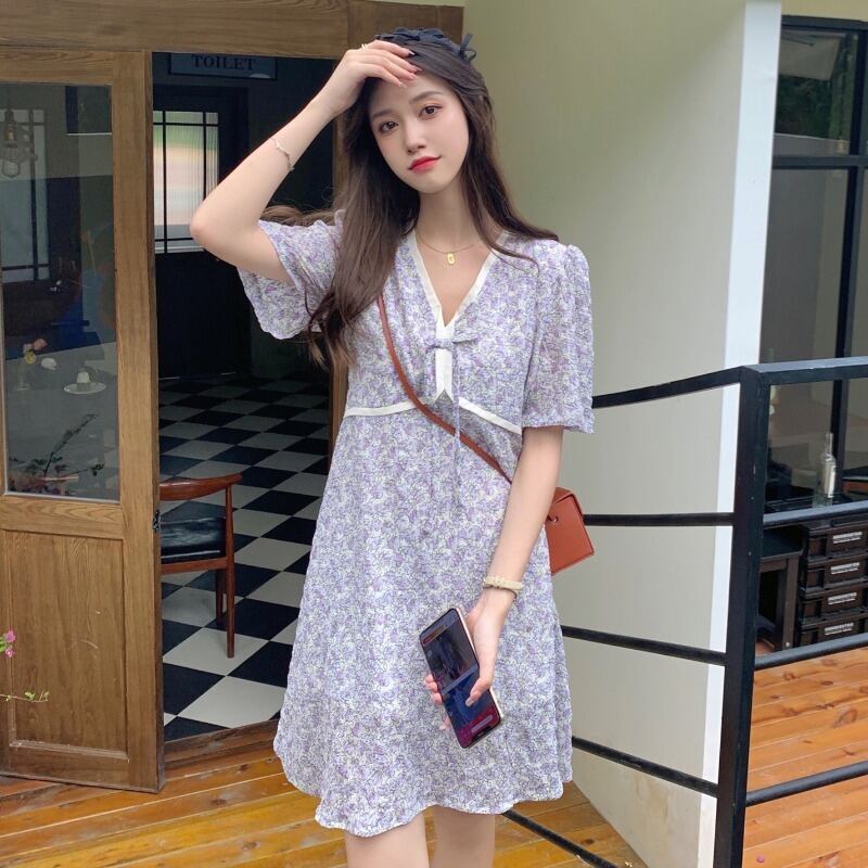 フローラルシフォンドレス サマーVネックウェストショートスカート 夏物 花柄 パープル YY-ファッション93222355639