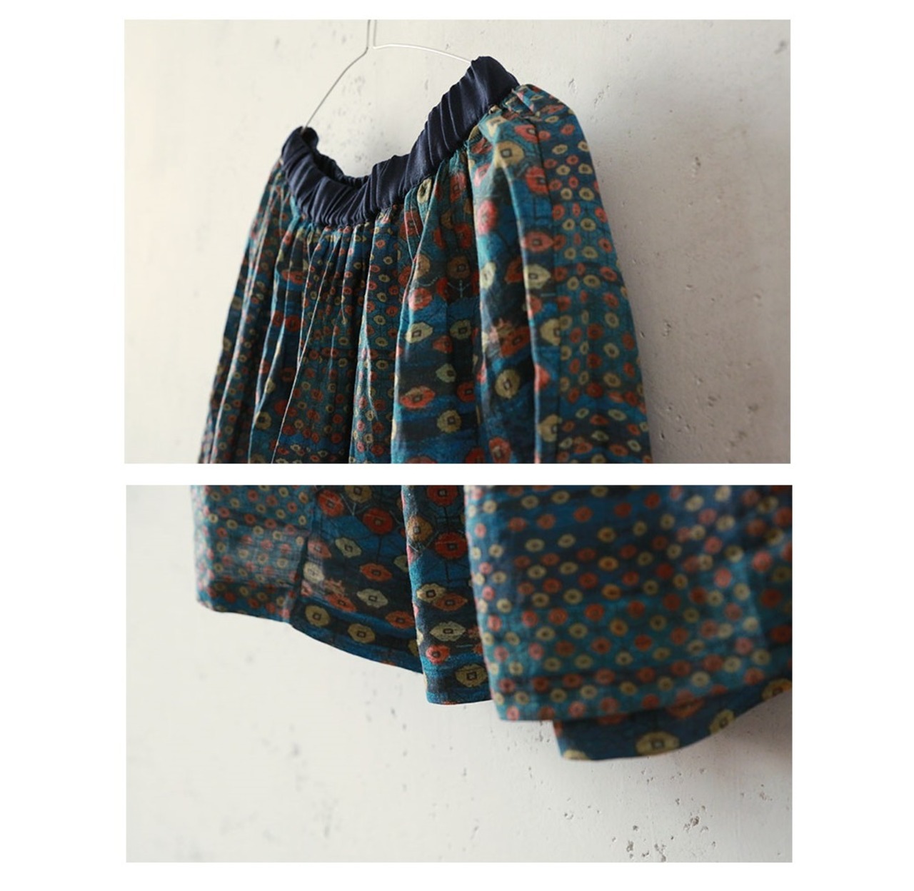 リネンシャツとレトロ小花柄プリントスカートのセット W01333