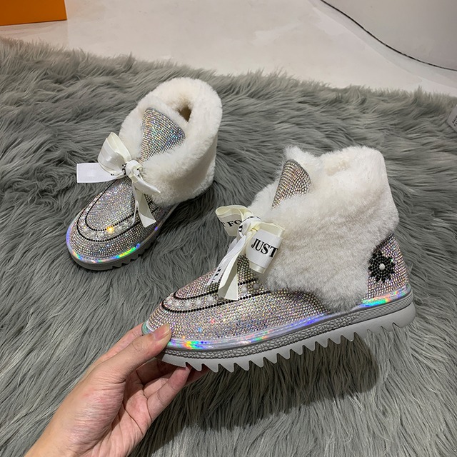 ウィンターショートブーツラインストーンリボン 靴 シューズ コットン 冬物 ラウンドトー フェイクシューズ82706365982