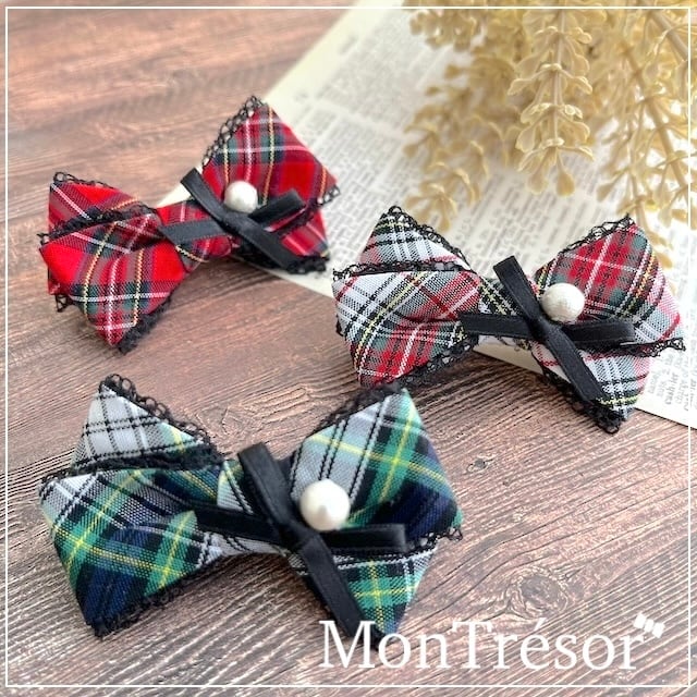 【Picone×minttan】 Winterチェックリボンカラー＆リード タータンチェックミント】迷子札付犬の首輪＆選べるリボン、リード