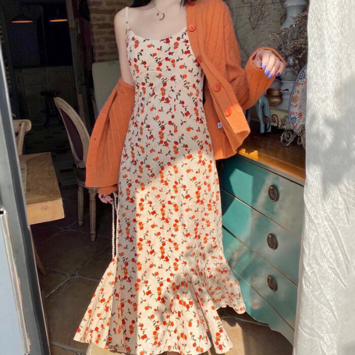 スタイルスプリングスタンダードニットカーディガンフローラルドレス レトロ 春物 花柄 ドラファッションホール89393805527