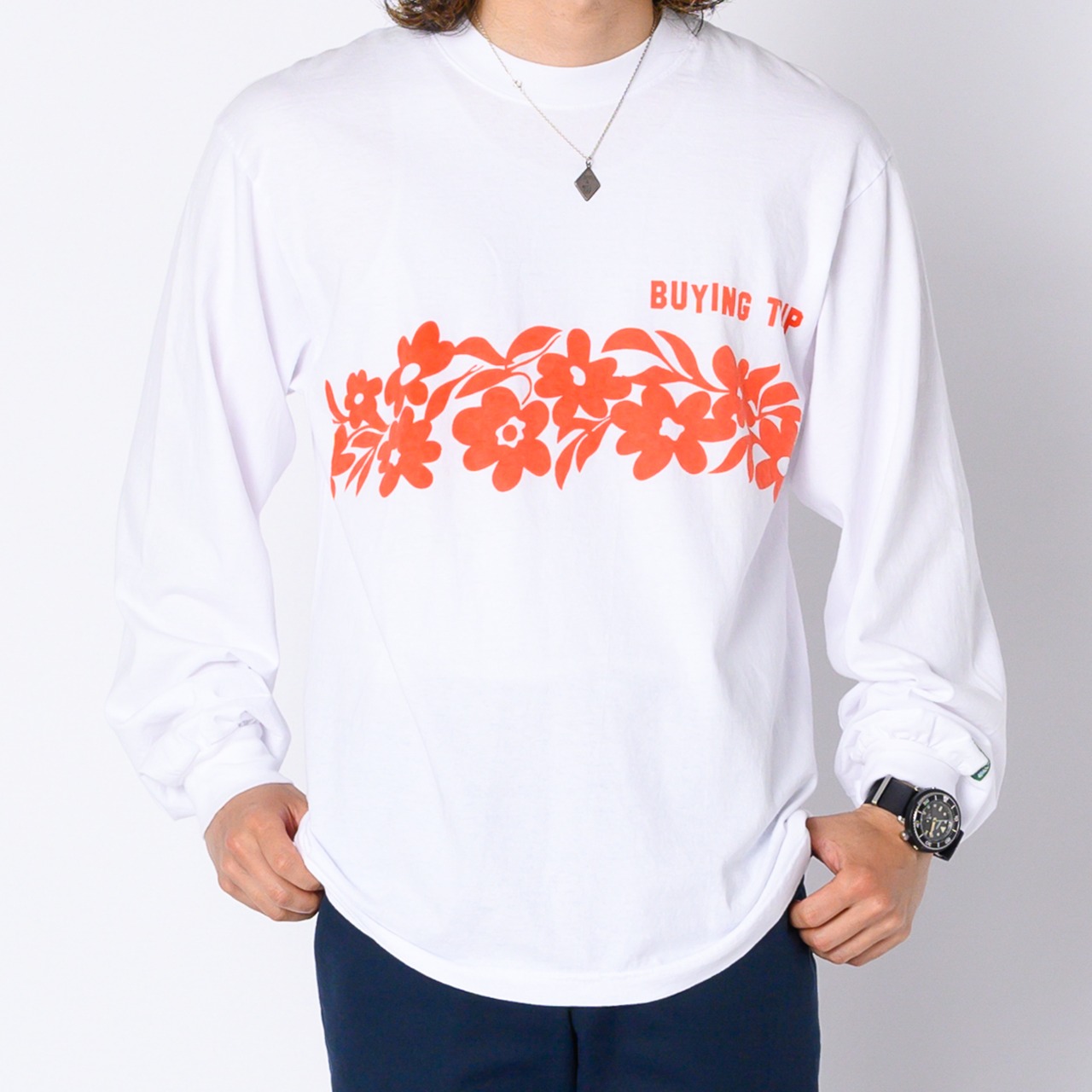 【BUYING TRIP】"Flower" Garment Dye Long Sleeve T-shirt (WHITE)