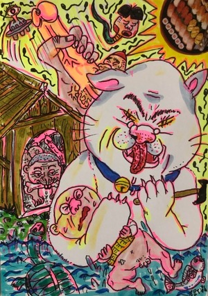 原画・着色ドローイング「トンカチを持った猫」B6