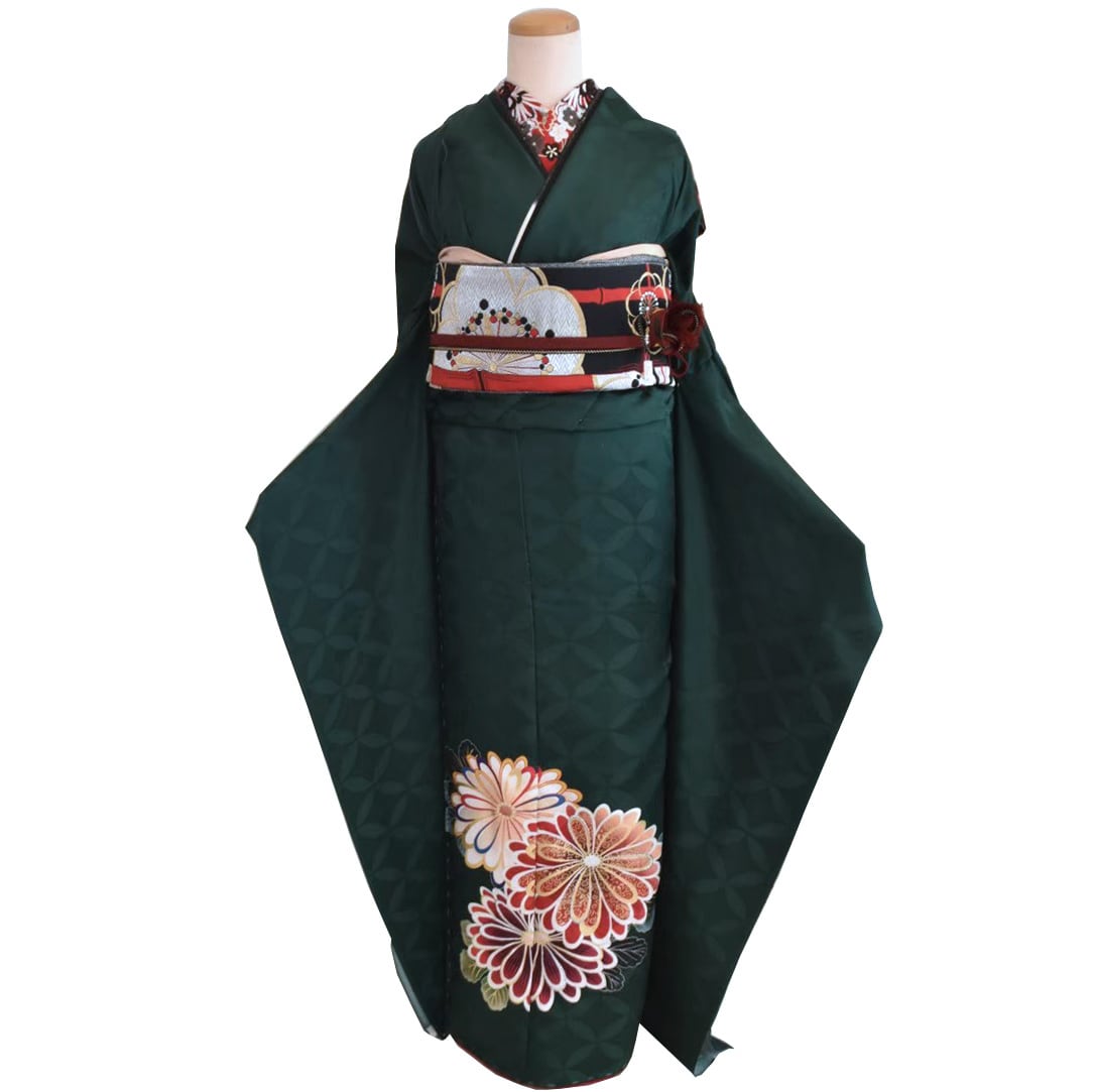 振袖 レンタル フルセット M〜Lサイズ 七宝文様に菊文様ワンポイント緑振袖 【KIMONO梅千代】 umefv-0057