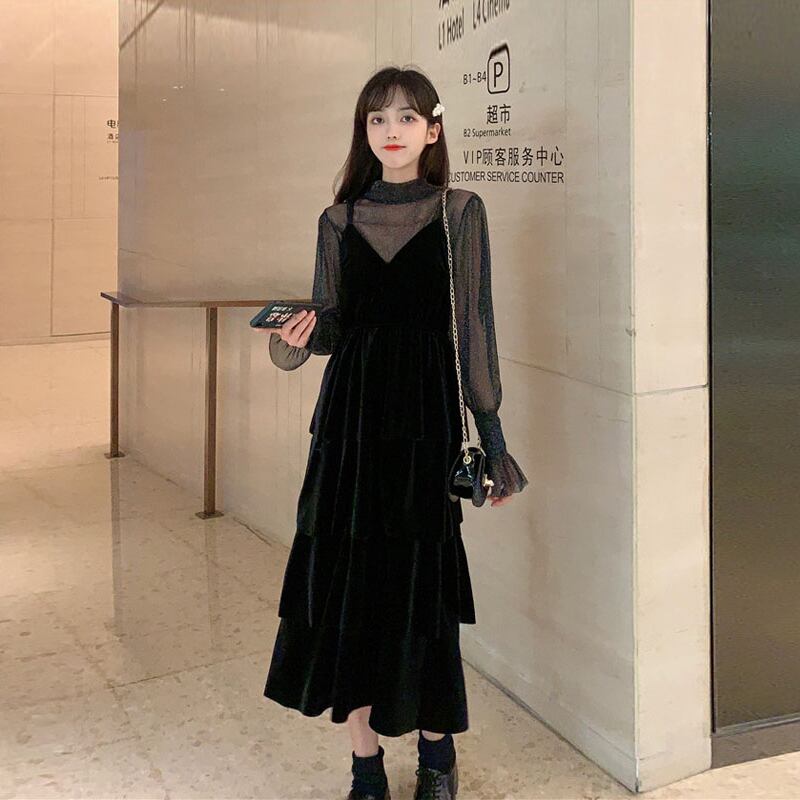 スプリングスカート オータムウィンターブラックドレス 春物 秋物 冬物 試着室66258767981