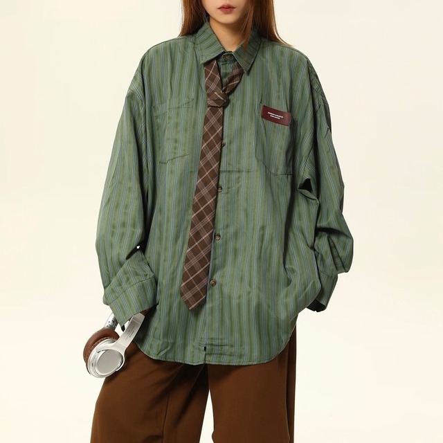 ストライプ柄 パッチポケット オーバーサイズ 長袖 シャツ　◆2col　S1074