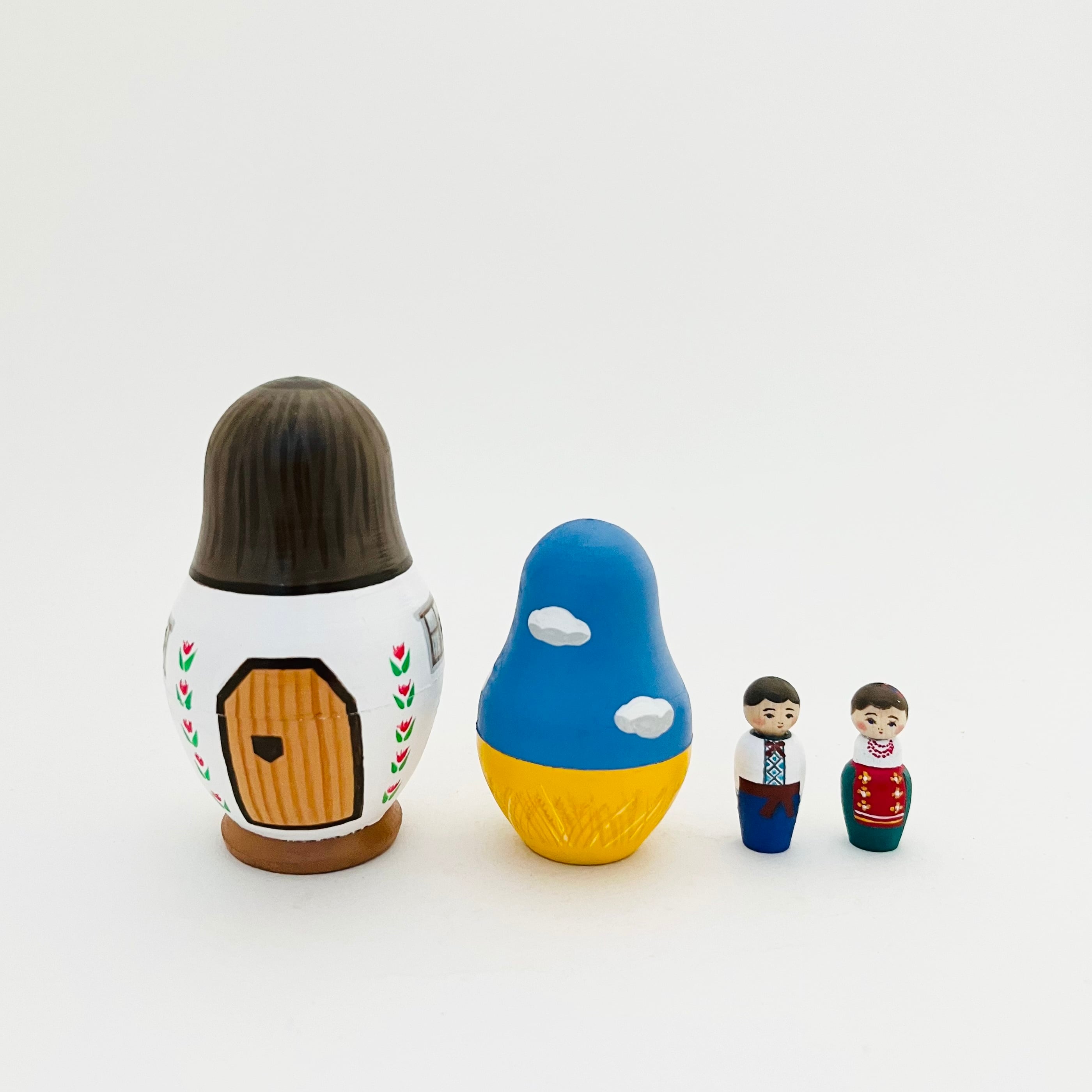 ウクライナ支援マトリョーシカ&こけし 10cm(家 / 青空&麦畑/女の子&男の子)