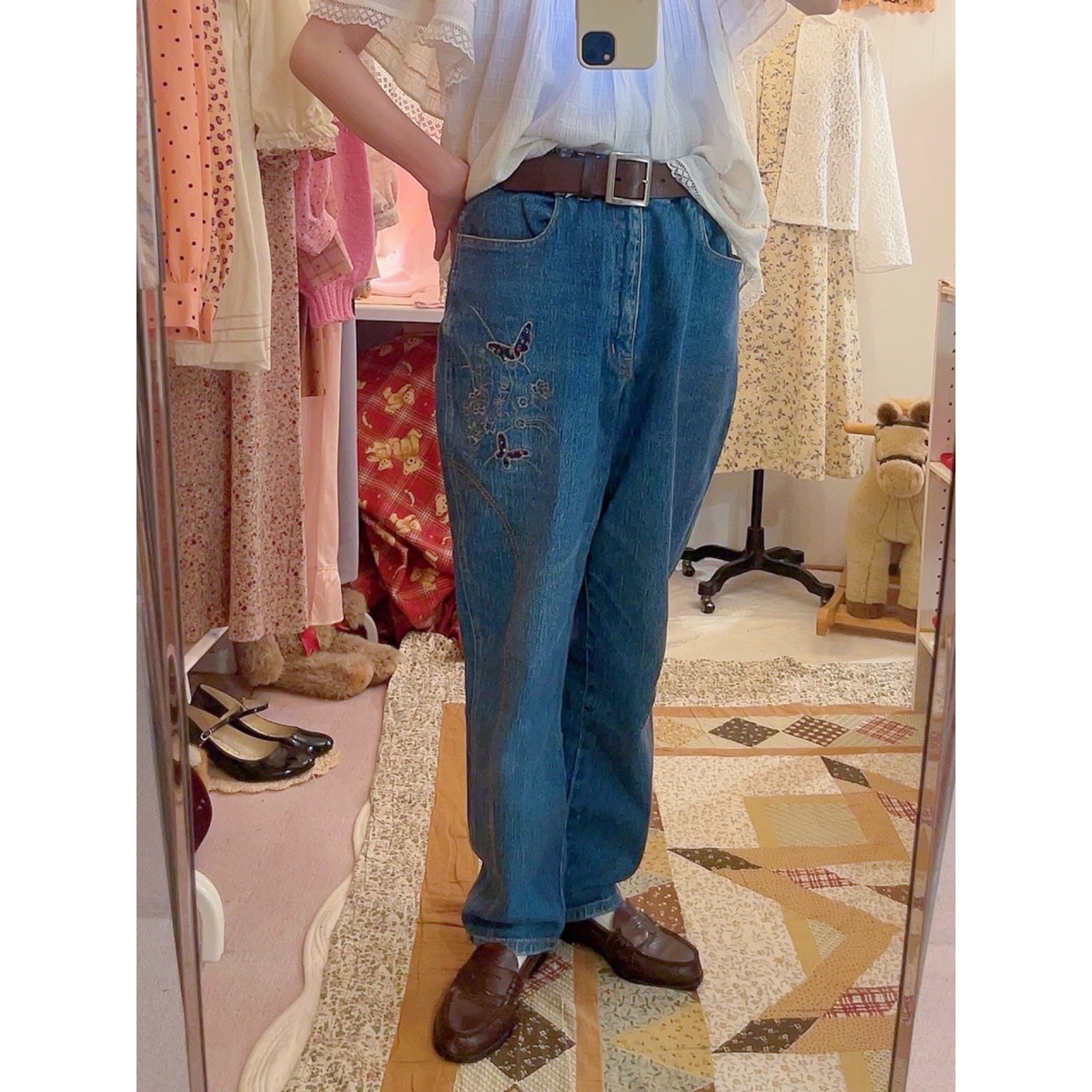 butterfly embroidery denim pants