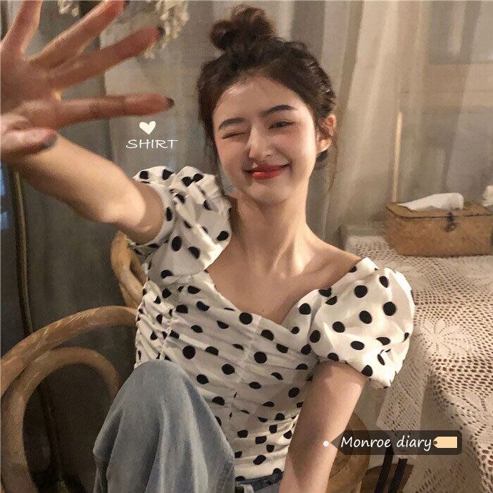 水玉シャツ サマーショート半袖スリーブカラートップス ハーフスリーブ 大人ガーリー スウィート キュート カジュアル 夏物 スクウェア モンロー9672473736