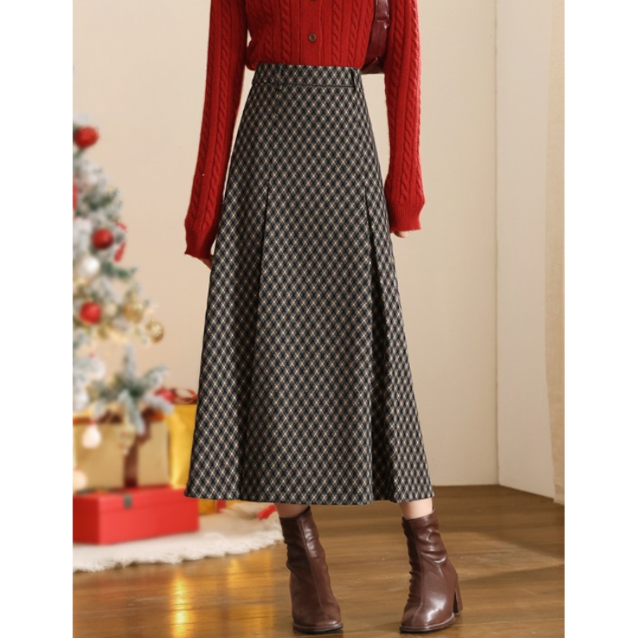 チェック柄 ボックスプリーツスカート W01100