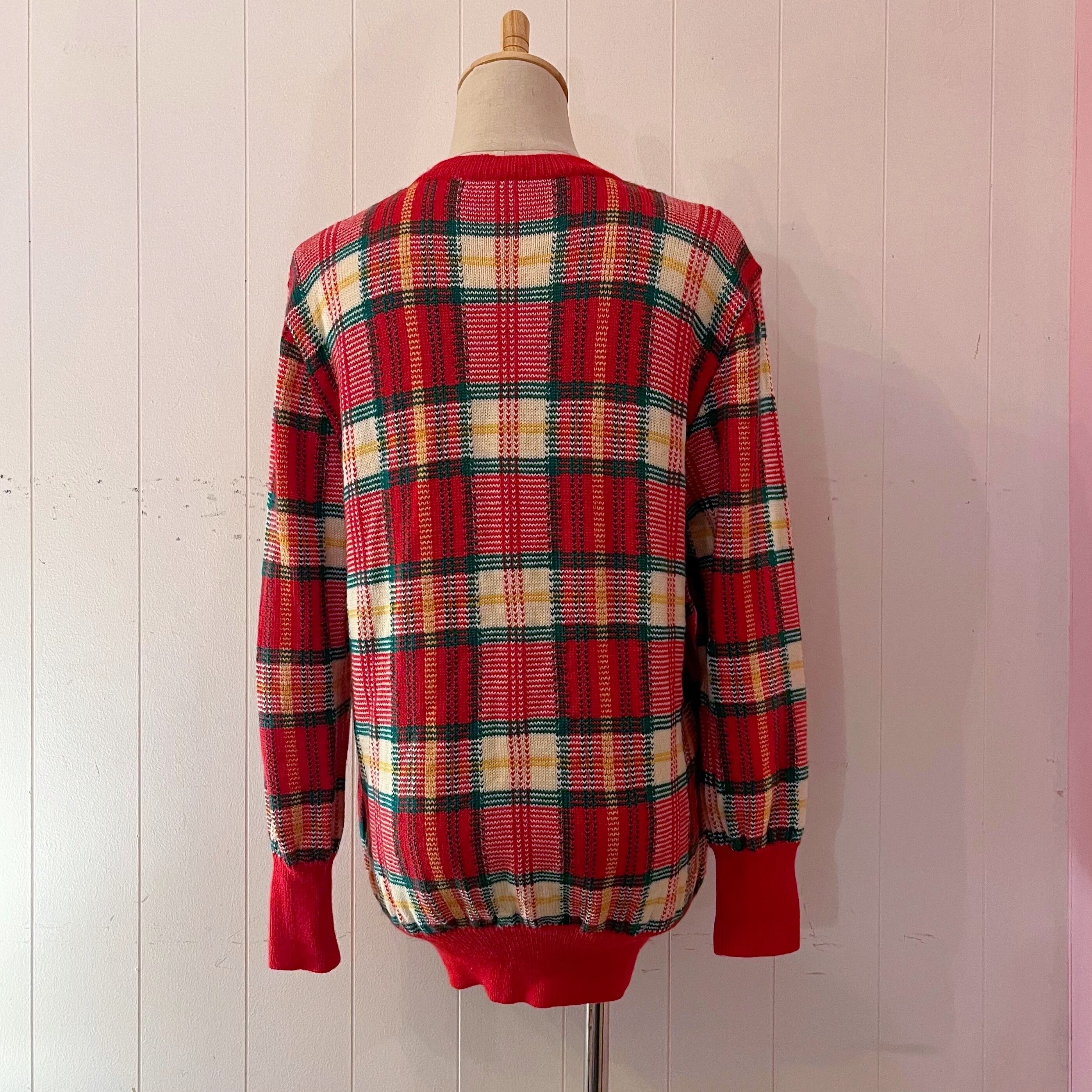 red green check knit cardigan