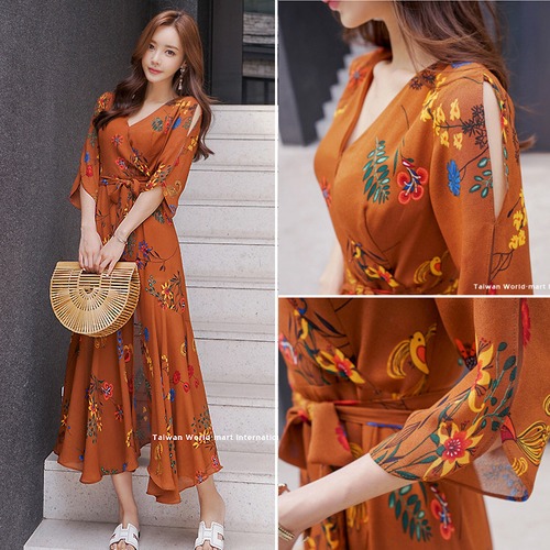 大きいサイズ レディース ボタニカル柄カシュクールデザインマキシワンピース オープンショルダー 春夏 半袖 五分袖 オフショル