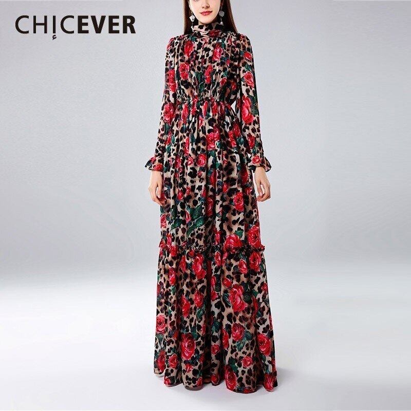 CHICEVERスプリングプリントレディースドレススタンドカラーランタンスリーブウエストルーズスリムフロアレングスAラインドレス2020 春物 6base540235113585