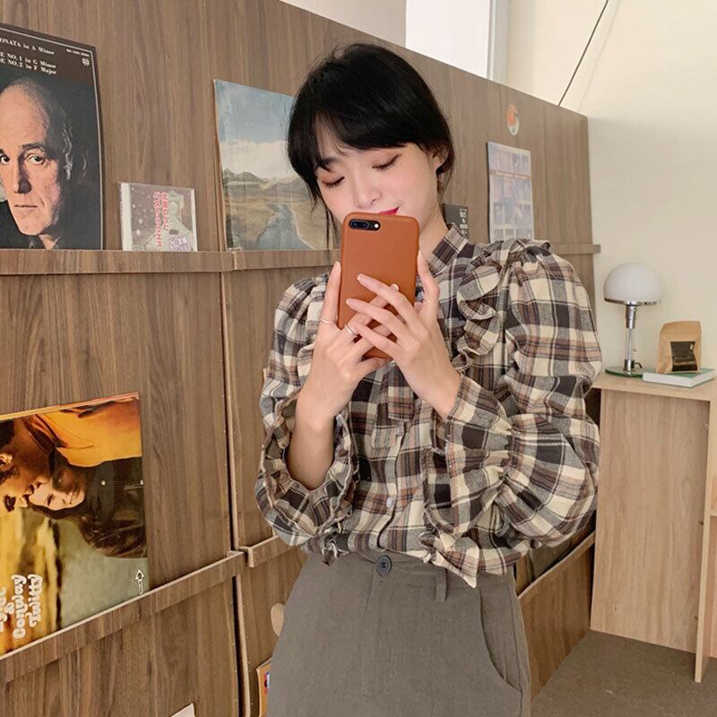 シャツ スプリング格子柄スタンダードスリムトップス レトロ 大人ガーリー スウィート キュート カジュアル 春物 萌量不足18262512552