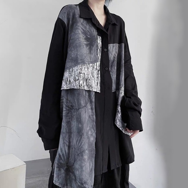 Chic Patchwork Long Shirt / シック パッチワーク ロング シャツ