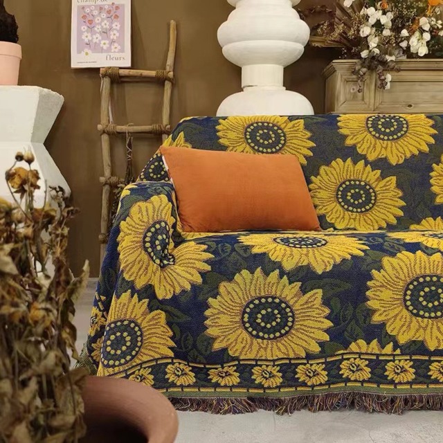 90×90 マルチカバー 正方形 ブランケット サンフラワー柄 ラグ 90×90 マルチカバー 正方形 ブランケット サンフラワー柄 ラグ