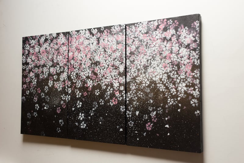 油彩画　「　大王さくら　」原画　3Dキャンパス Sakura / 夜桜をテーマにした現代アート作品 3連キャンバス 絵画販売
