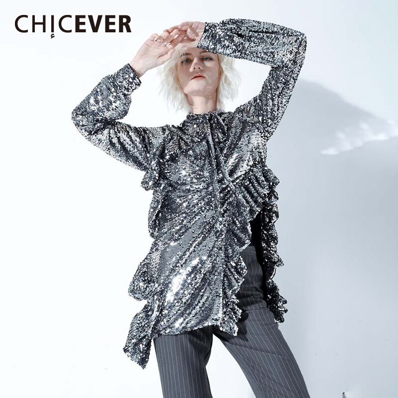 CHICEVERスパンコールアシンメトリーブラウス女性スタンドカラーレースアップ長袖フリル2020秋 ロング ラッフル オータム 秋物 6base536865148908
