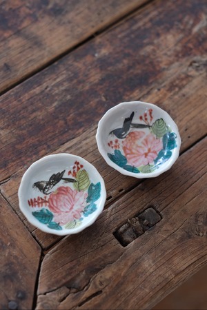 民国　粉彩高台丸豆皿