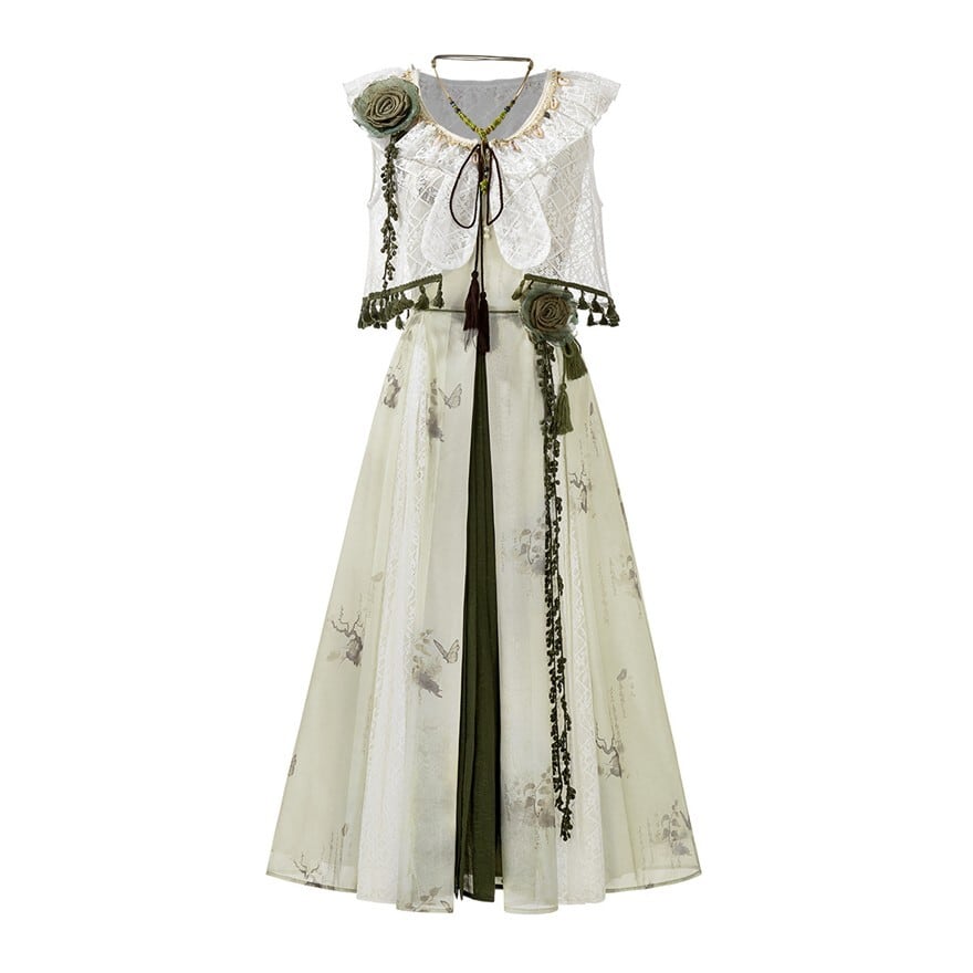 蝶プリントのセージグリーンロリィタ｜ボレロ付きロングドレス