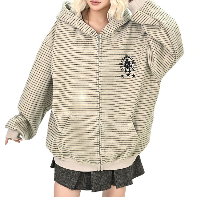 ボーダーエンブレムフーディトップス 2col   R01100