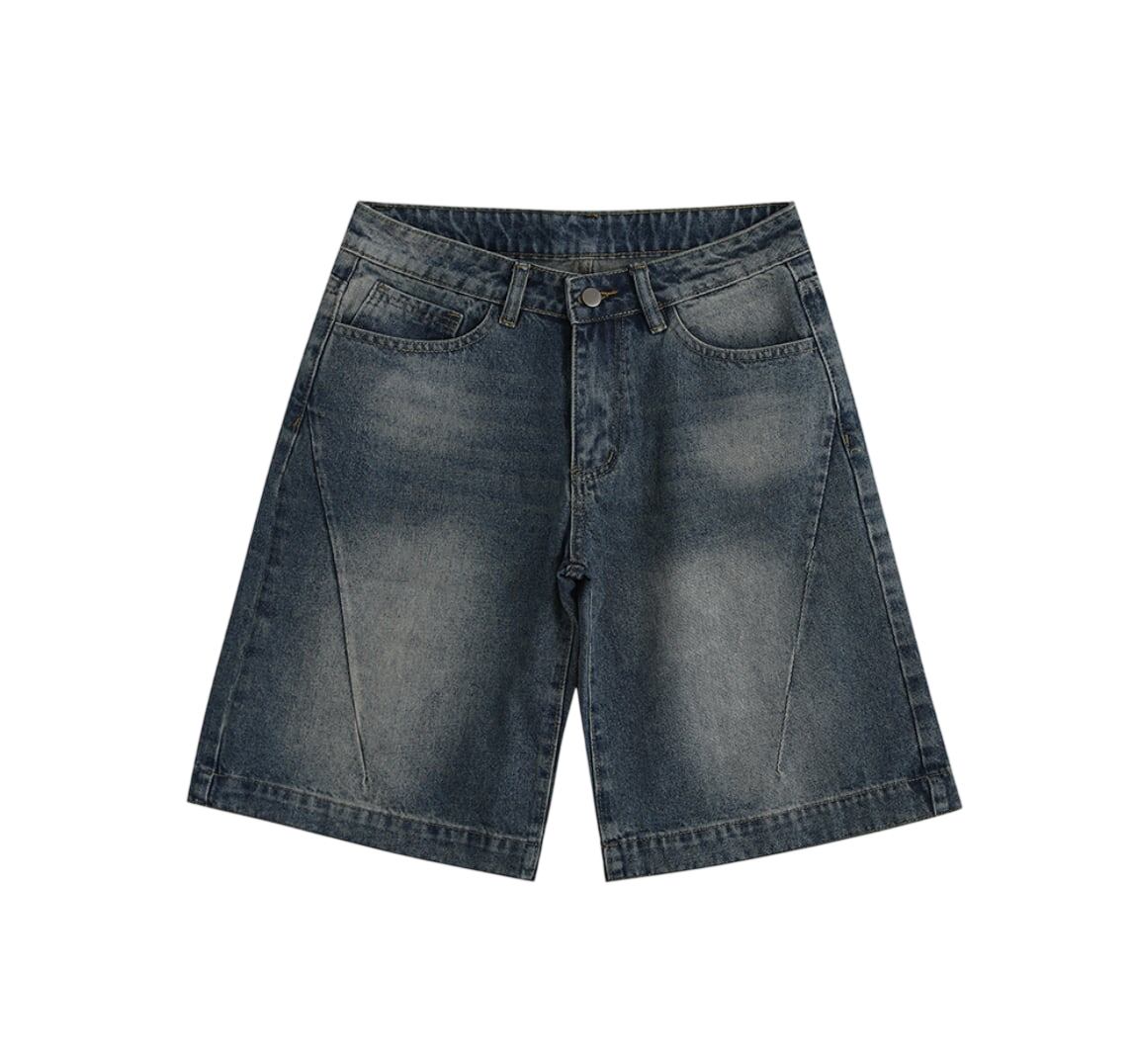 Washed denim half pants 0001