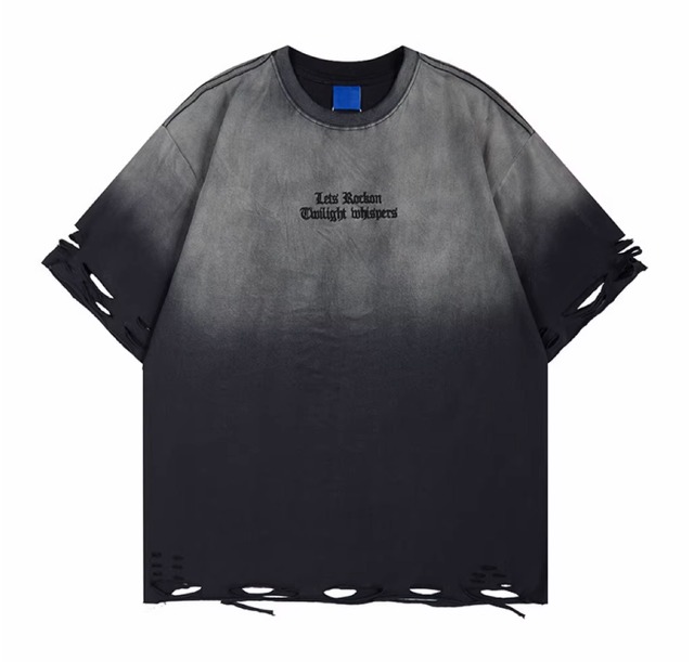 Cut Hole Gradient Distressed Short-Sleeve T-Shirt 0003