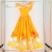 フラダンス 衣装 ワンピース ドレス メネフネプランテーション オレンジ系 MENEHUNE PLANTETION 日本製 フリル かわいい 華やか 鮮やか 明るい 橙 白 赤 ハワイアン アロハ ハワイアンプリント フラ ダンス レッスン 練習 おしゃれ