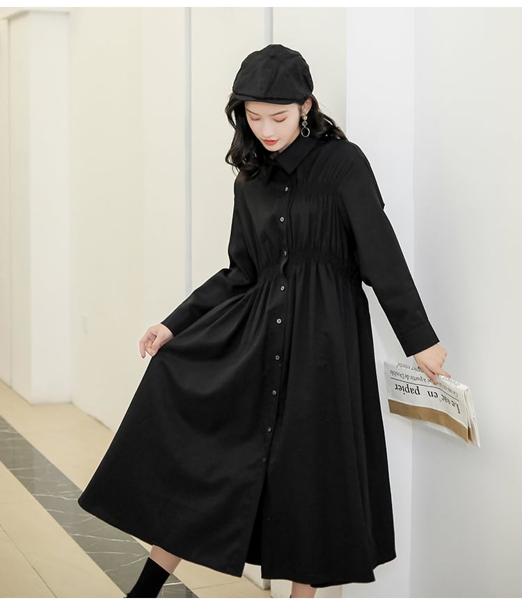 シャツワンピース ブラック 長袖 シャツワンピース 長袖 ウエストタック ロング丈 フレア ブラック