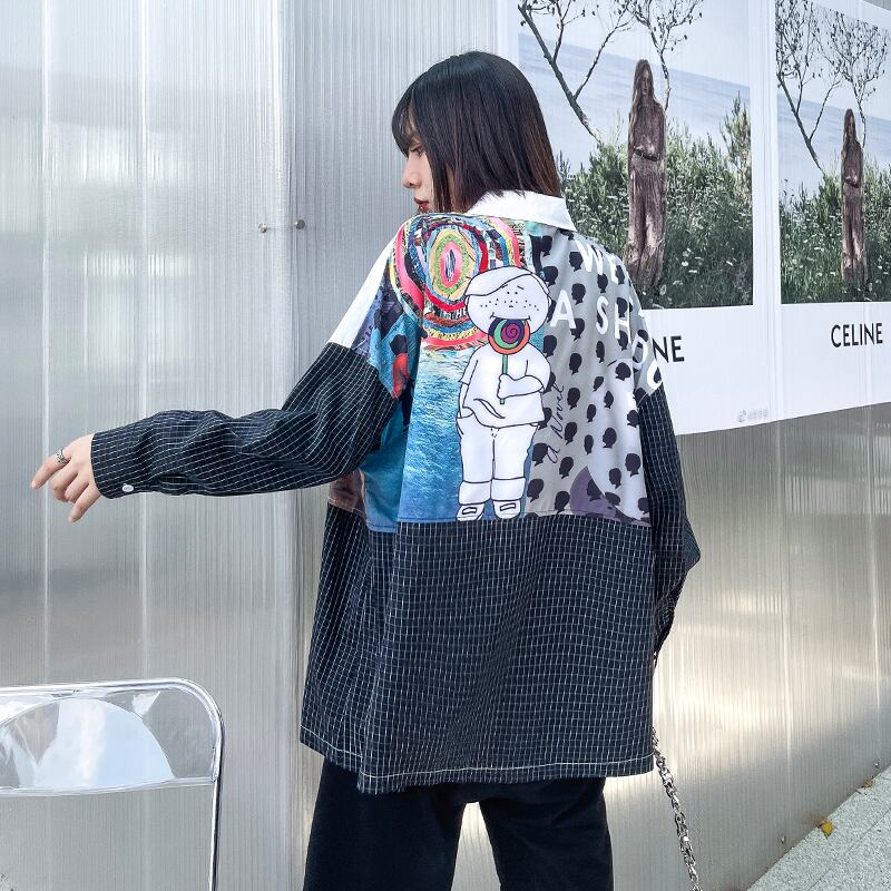 シャツ スタイルオータムプリント格子柄トップス ロング 秋物 ラブタオタオダレンハウス17613149803