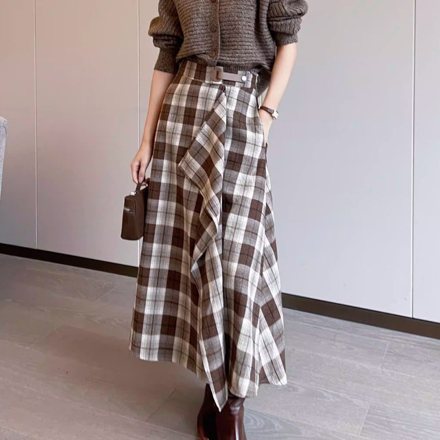 Plaid irregular long skirt A1609
