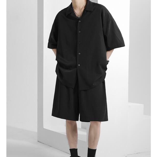 【予約販売】メンズ セットアップ 上下 ハーフパンツ 半袖シャツ 無地 ブラック ホワイト ブルー カジュアル 春夏 S/M/L/XL/2XL/3XL