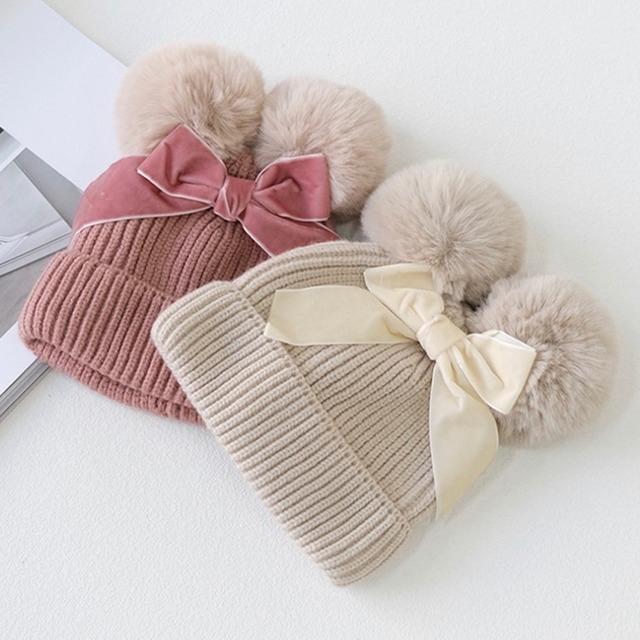 130✳︎全5色 ポンポン×リボンニット帽 | 海外Baby&kids服＊Lecca 