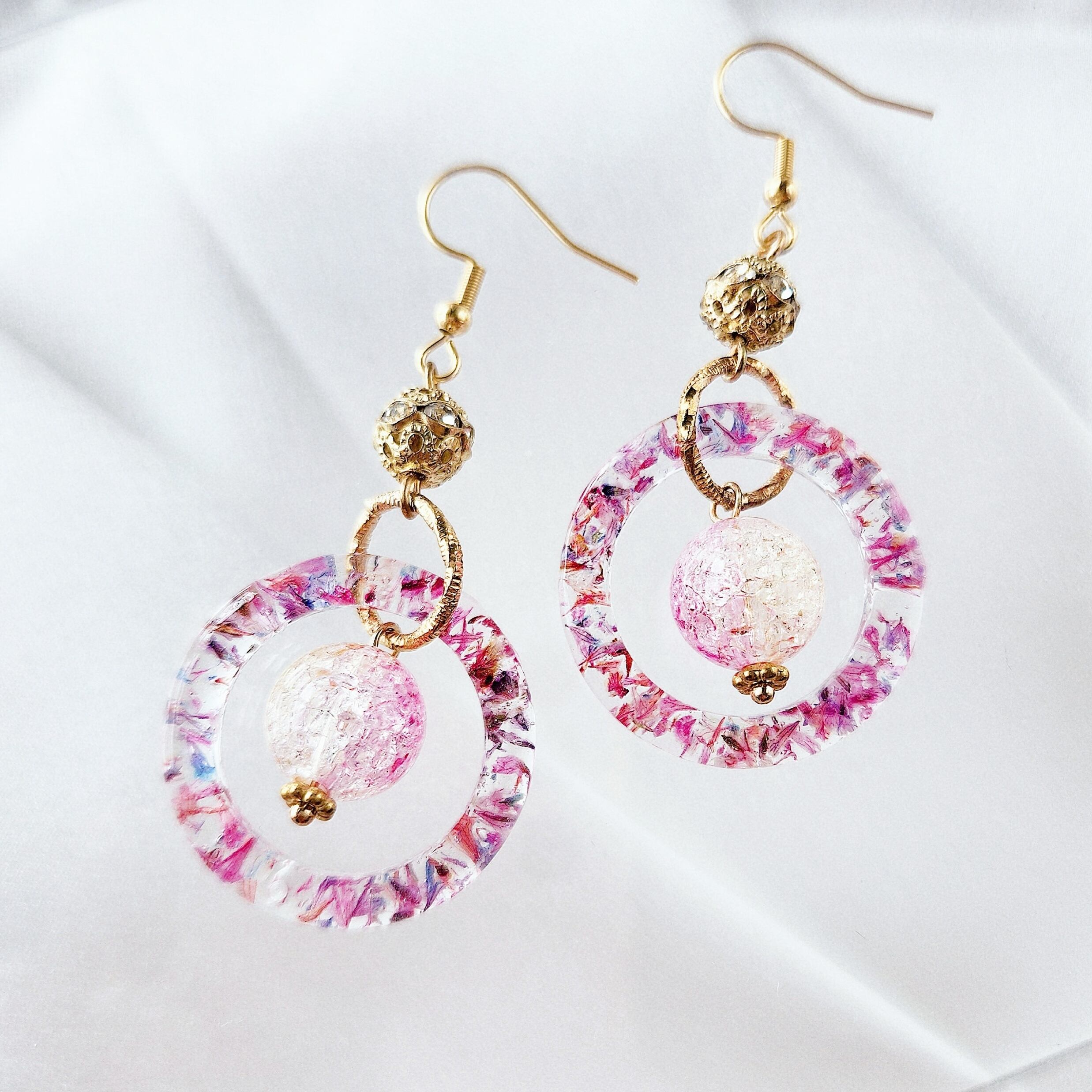 【489】クラックガラス ゴールド フープ ピアス イヤリング ハンドメイド 489】クラックガラス ゴールド フープ ピアス イヤリング ハンドメイド