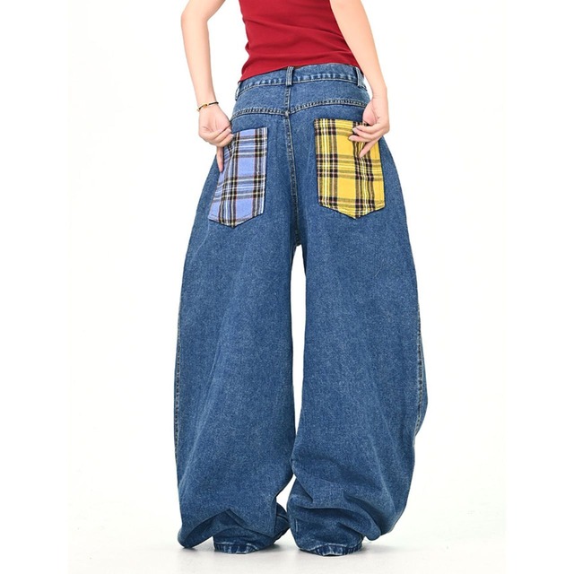 チェックパッチワークデニムワイドパンツ 2col   R00876