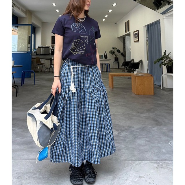 checkered pattern tiered long skirt　チェック柄ティアードロングスカート　J2072