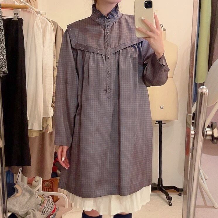 blue gray check long blouse