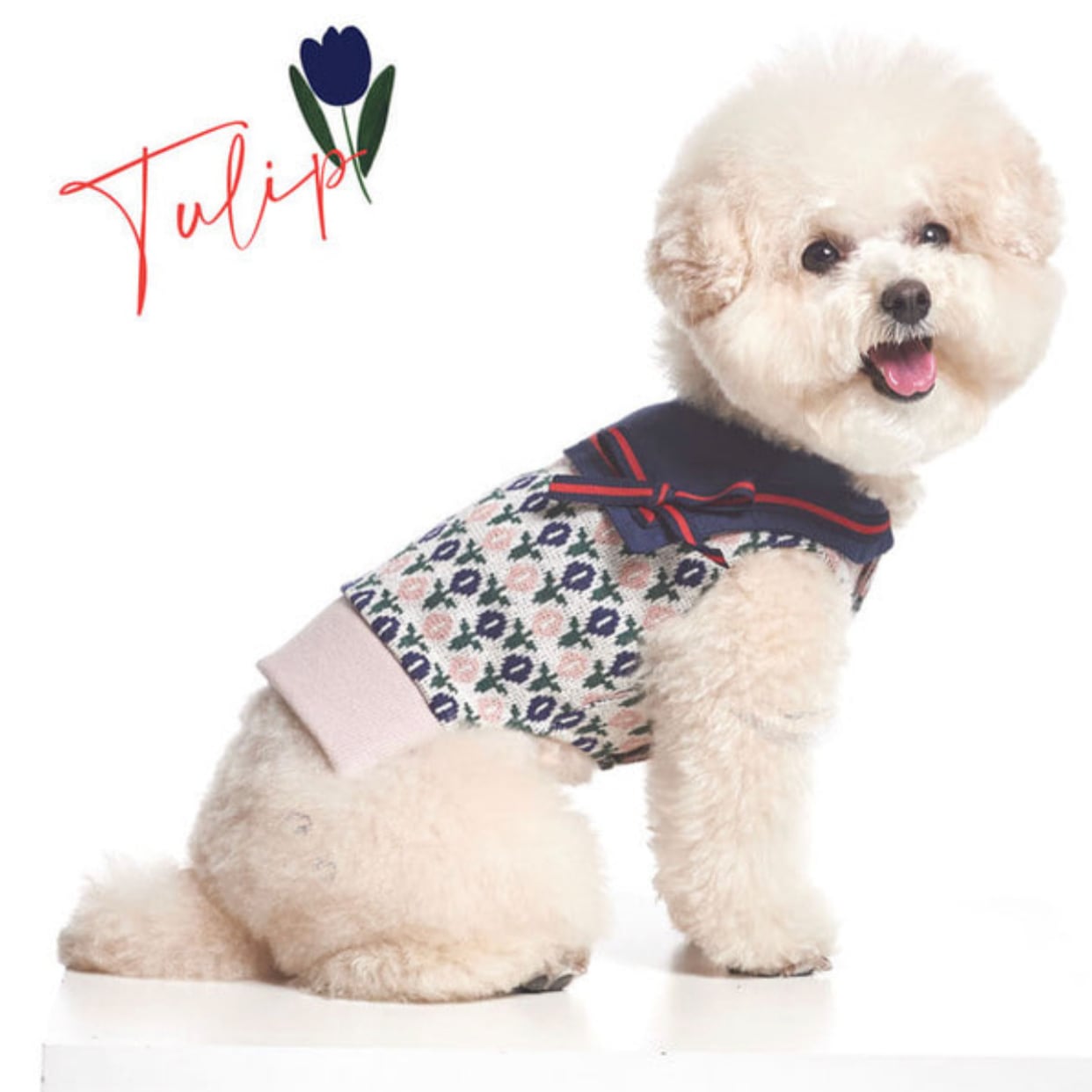 tulip button knit S ~ 2XL  /  犬服 秋冬 新作 可愛い 犬の服 ニット ドッグウェア 花柄 お揃い 袖なし カーディガン ベスト b40