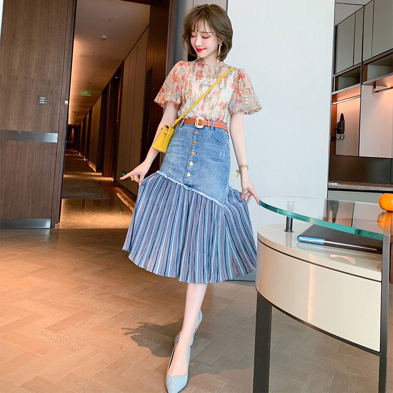 ハイウェストウェストブレストストライプスカート スプリングサマー 春物 夏物 ステッチ MIUCO37631597960