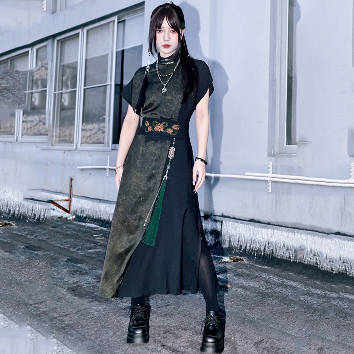 【古怪舍---升卿シリーズ】★チャイナ風ワンピース★ 半袖 漢服ワンピース 切り替え ブラック 黒い | elegant