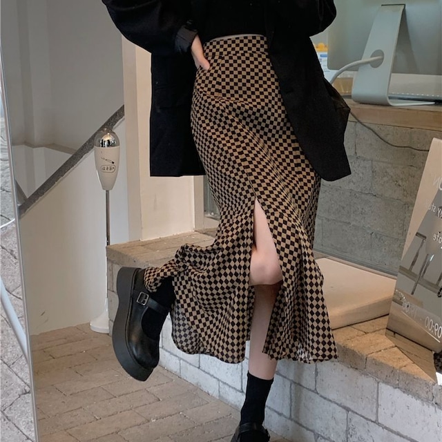 フィッシュテールスカート マーメイドスカート スカート チェック柄 ハイウエスト Aラインスカート 韓国ファッション レディース 大人可愛い ガーリー フェミニン / Checkerboard Fishtail Split Middle Length Slim Plaid Skirt (DTC-655243010112)