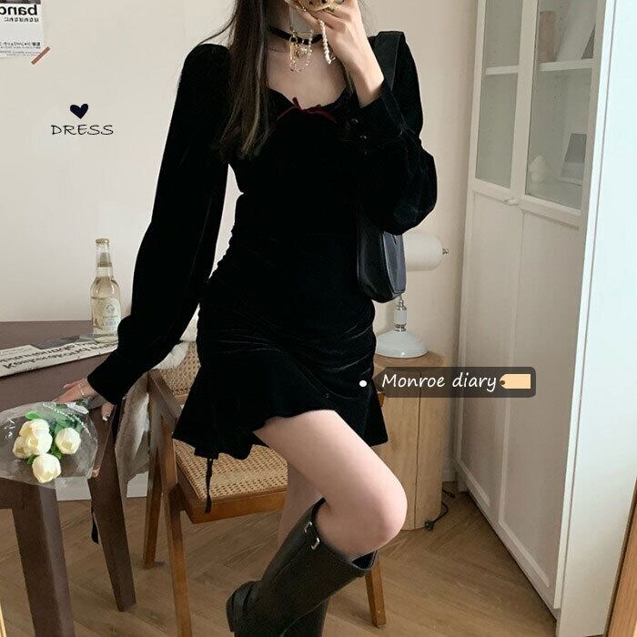 スタンダードベルベットドレス オータムウィンターブラックショートスカート レトロ 秋物 冬物 モンロー8305388211