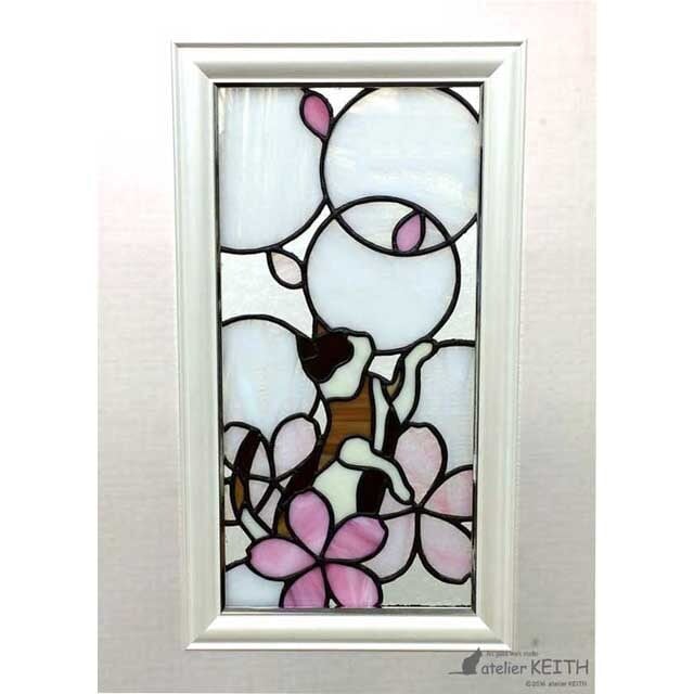 ステンドグラス・パネル【お花で遊ぶ三毛猫】 | ガラス工房