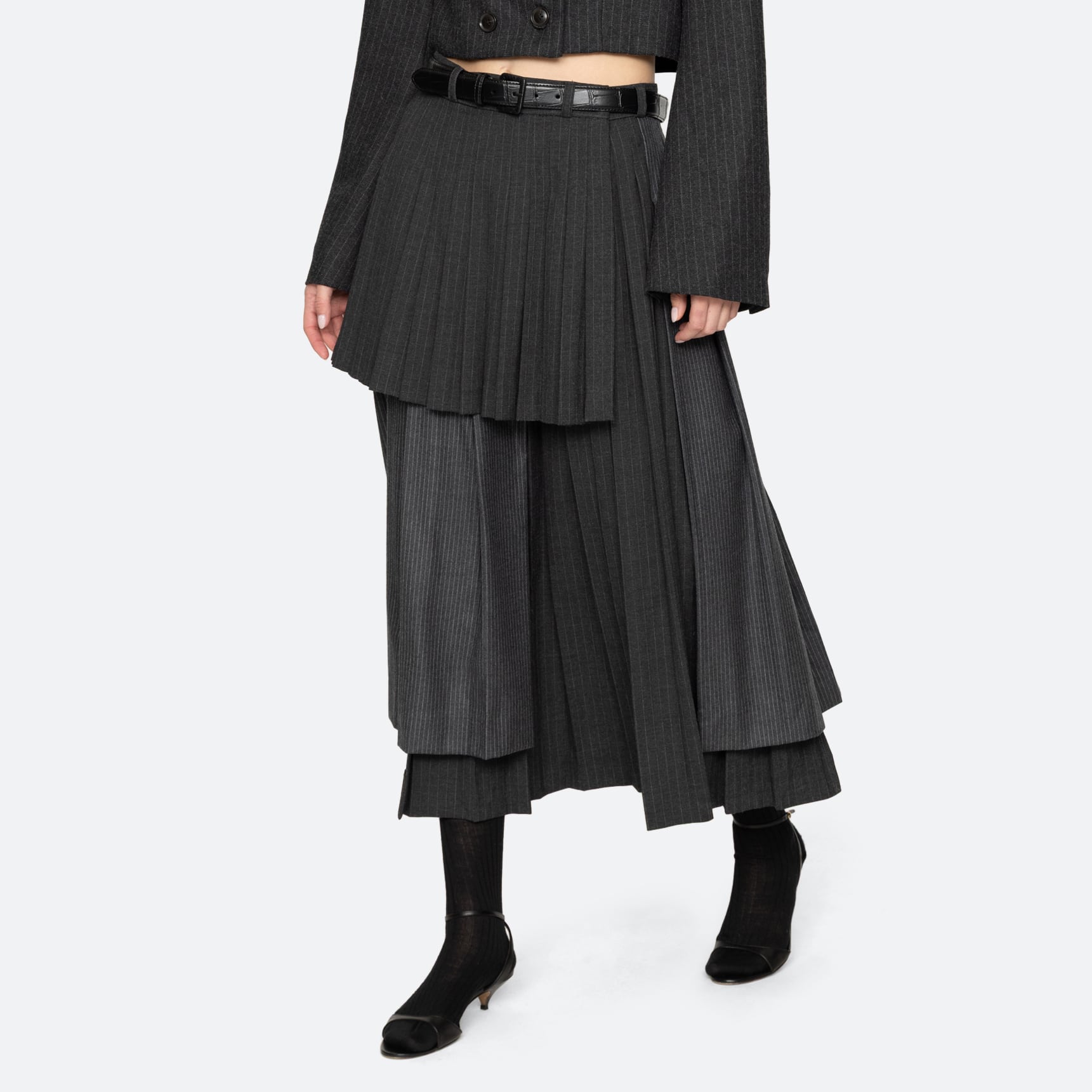 SEA NY JOHANNA PINSTRIPE PLEATED MIDI SKIRT GREY