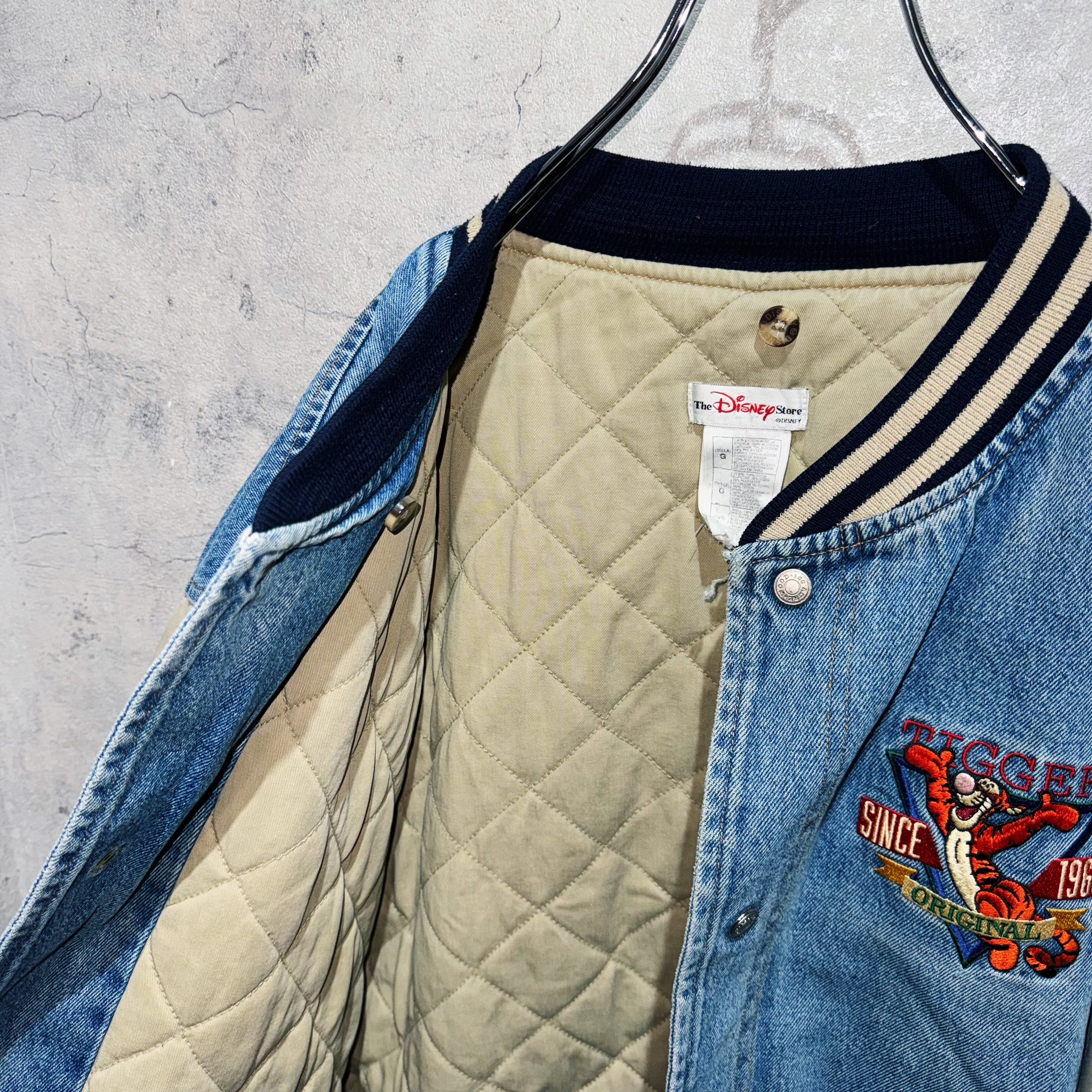 90's”Disney”TIGGER embroidery design denim varsity jacket | ayne